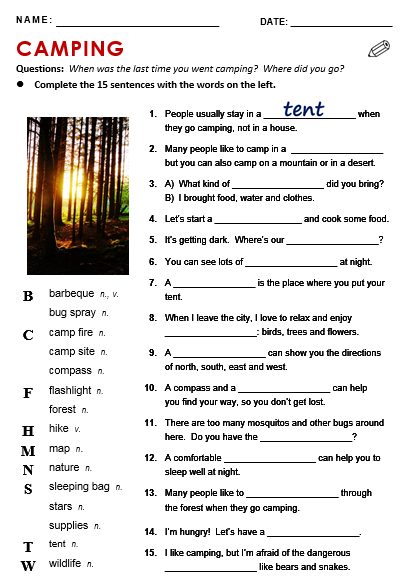 Camping Vocabulary in English - Camping Equipment Words